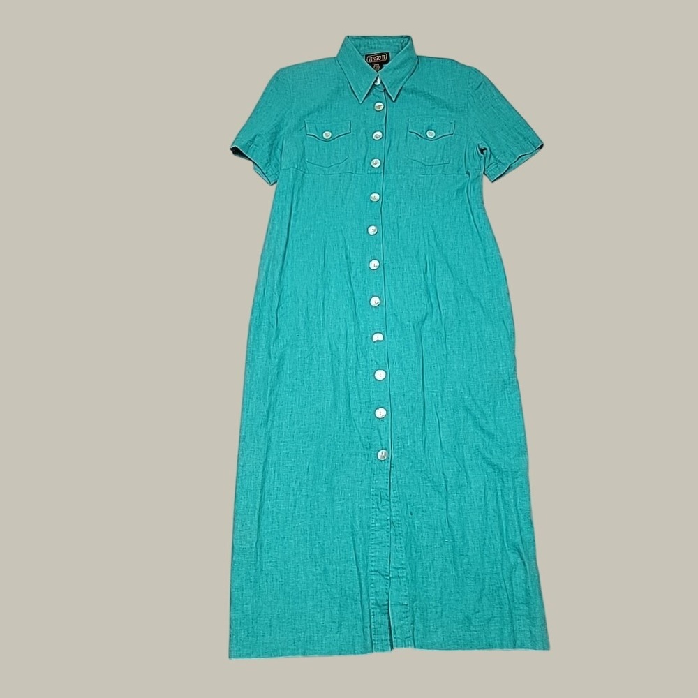 VTG Virgo II Dress Womens 14 Teal Maxi Linen Blend Button Down Short Sleeve